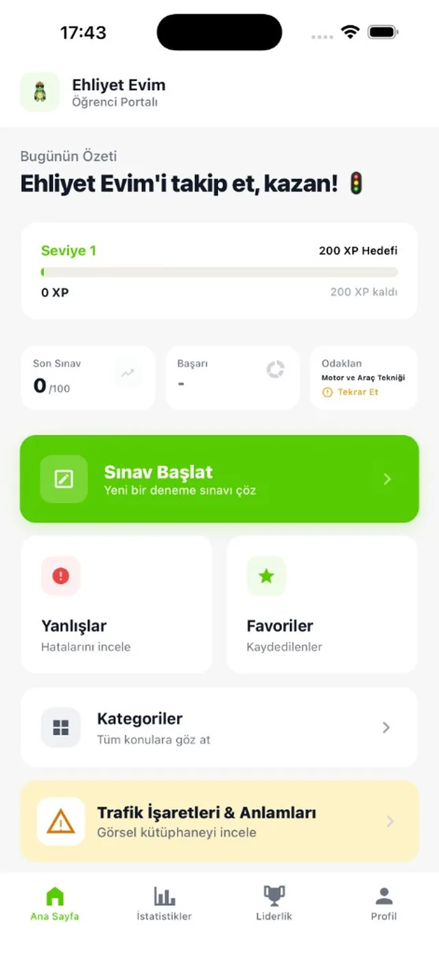 Ehliyet Evim öğrenci portalı uygulama ekranı